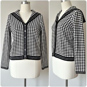 Orvis Black White Checkered Sailor Collar Cardigan Sweater Cotton Blend Size M